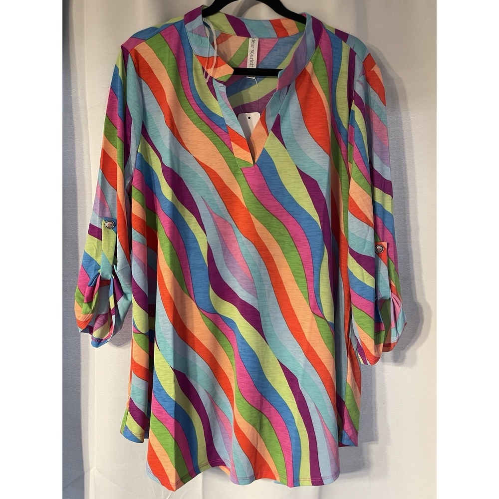 Dear Scarlett Plus Size Women's Top Blouse 2X Rainbow Red Orange Blue NWT - Picture 2 of 4